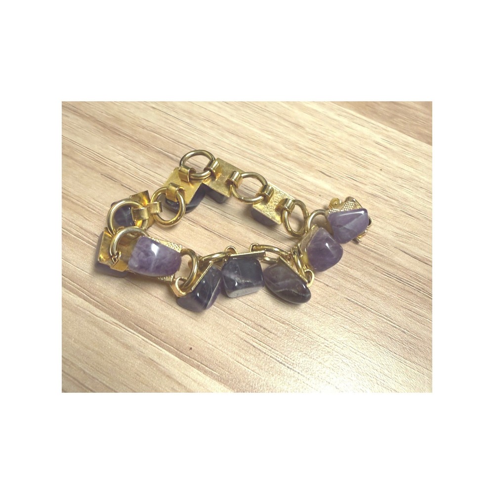 Vintage‎ Amethyst Gold Tone Link Bracelet Purple Stone Nugget Geometric Boho